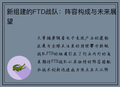 新组建的FTD战队：阵容构成与未来展望